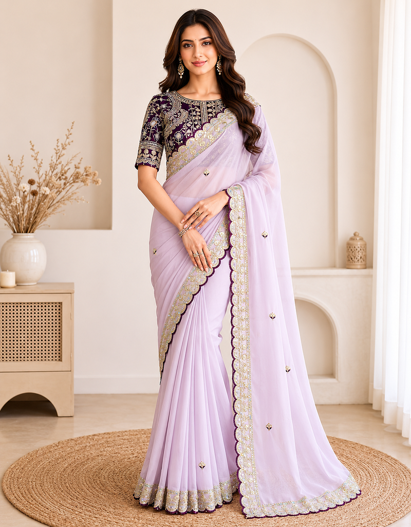 lavender embroidery with sequins silk saree