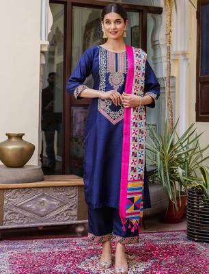 navy-blue fancy silk blend kurta set 1