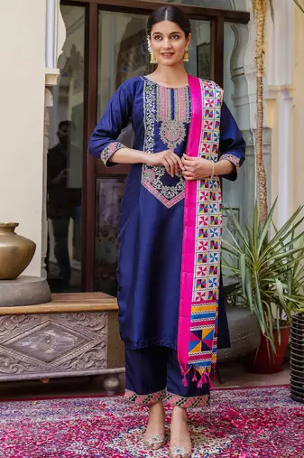 navy-blue fancy silk blend kurta set