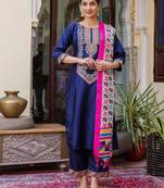 navy-blue fancy silk blend kurta set