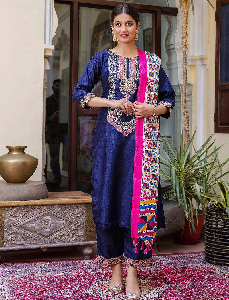 navy-blue fancy silk blend kurta set