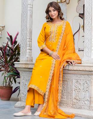 mustard fancy silk blend kurta set 3