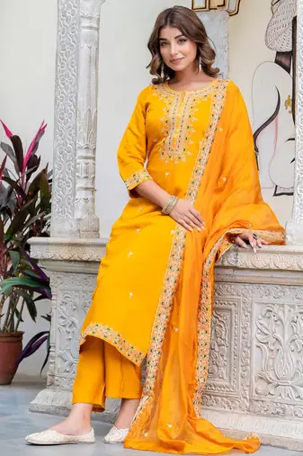 mustard fancy silk blend kurta set
