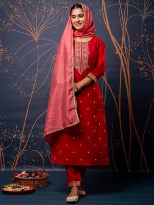 red fancy silk blend kurta set 3