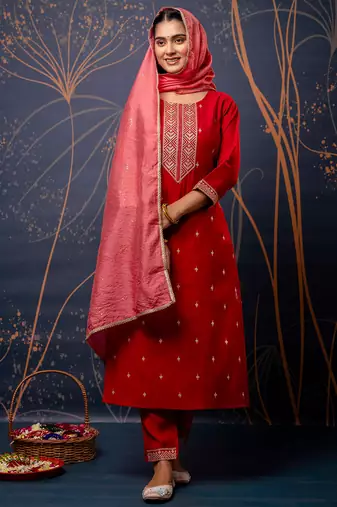 red fancy silk blend kurta set