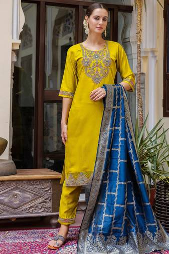 yellow fancy viscose rayon kurta set