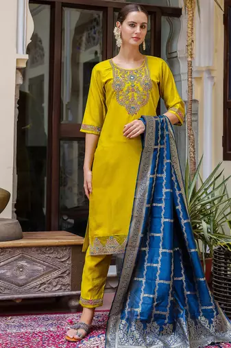 yellow fancy viscose rayon kurta set