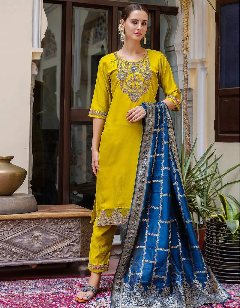 yellow fancy viscose rayon kurta set