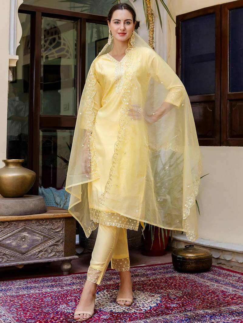 yellow fancy viscose kurta set