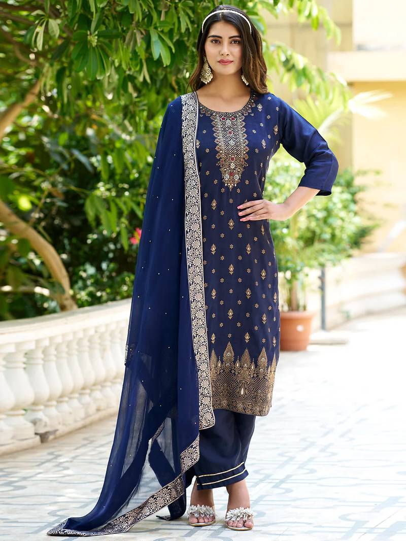 navy-blue fancy viscose rayon kurta set