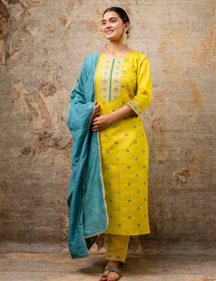 yellow fancy silk blend kurta set 3
