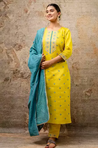 yellow fancy silk blend kurta set