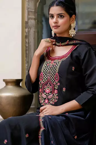 black fancy silk blend kurta set