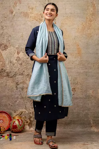blue fancy silk blend kurta set