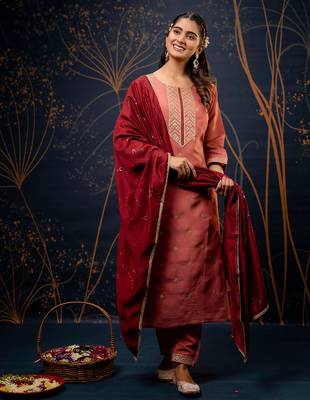 peach fancy silk blend kurta set 2