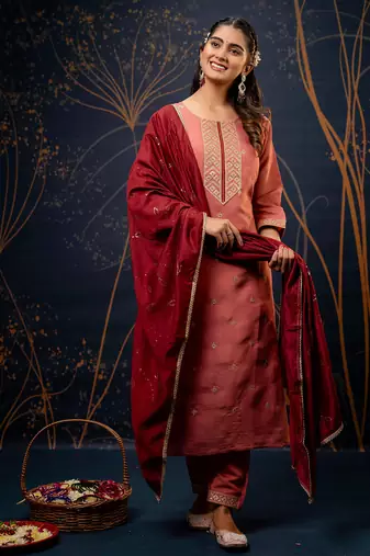 peach fancy silk blend kurta set