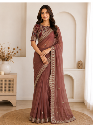 brown embroidery with sequins silk saree 1
