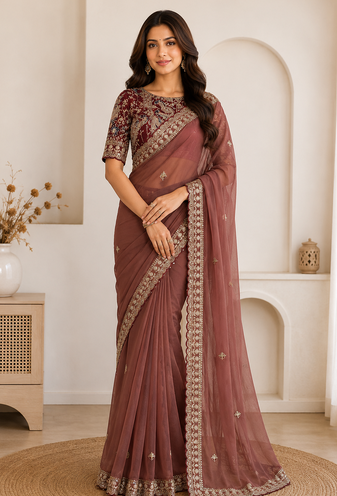 brown embroidery with sequins silk saree