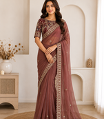 brown embroidery with sequins silk saree