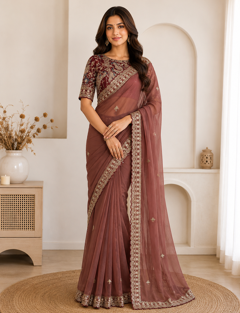 brown embroidery with sequins silk saree