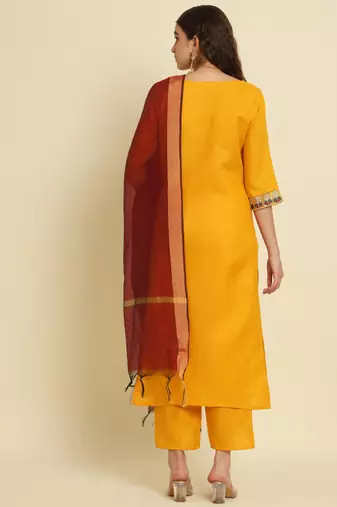 yellow fancy silk blend kurta set