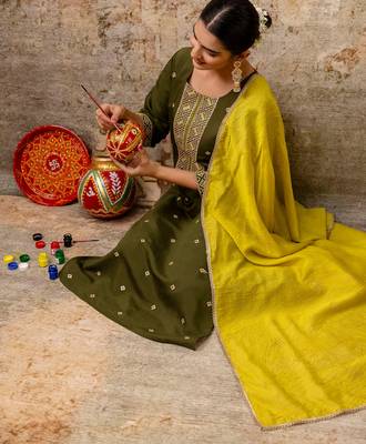 olive fancy silk blend kurta set 3