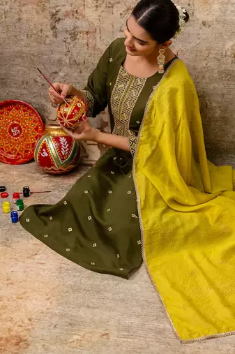 olive fancy silk blend kurta set