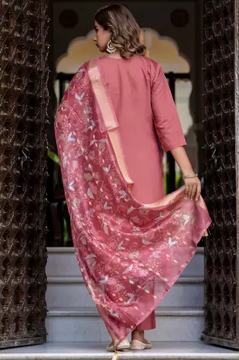coral fancy silk blend kurta set