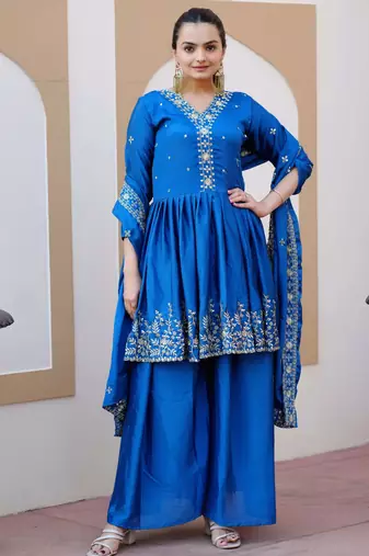 blue fancy silk kurta set