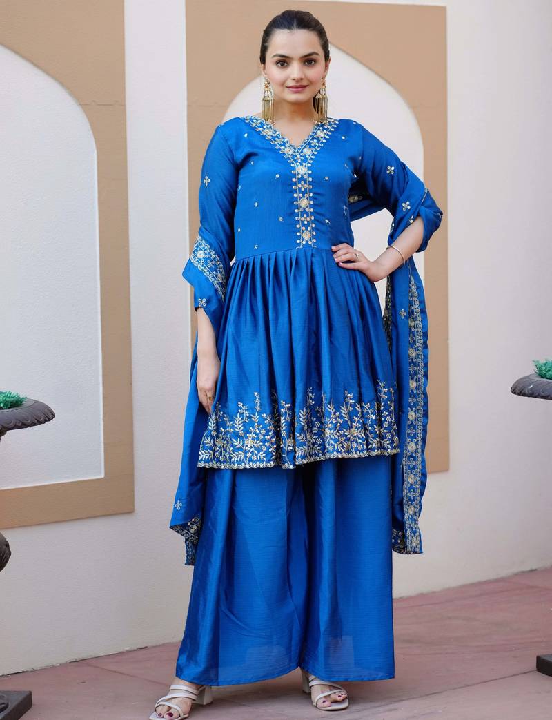 blue fancy silk kurta set