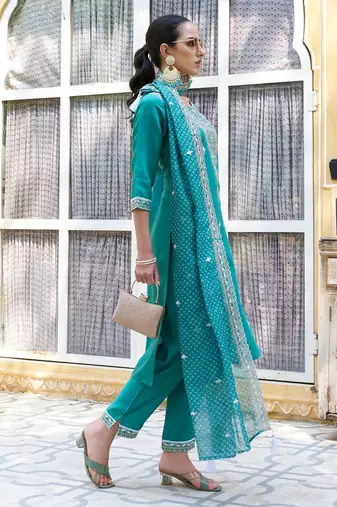 blue fancy silk blend kurta set