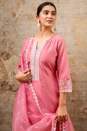 pink fancy silk blend kurta set