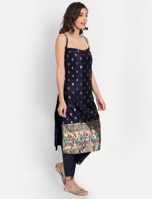 navy-blue fancy cotton silk kurta set 4