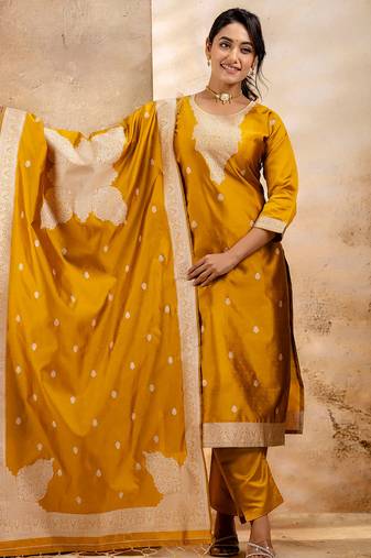 mustard fancy blended cotton kurta set