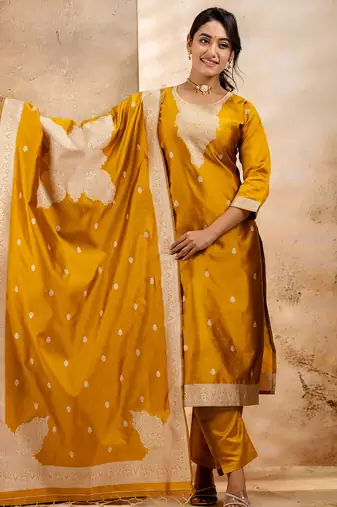 mustard fancy blended cotton kurta set