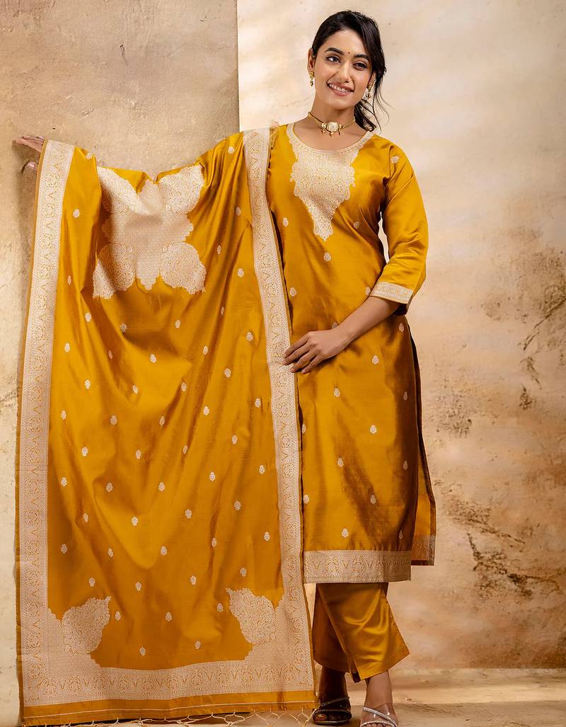 mustard fancy blended cotton kurta set