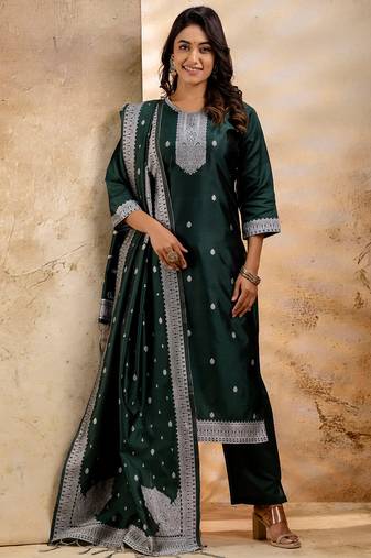 green fancy blended cotton kurta set