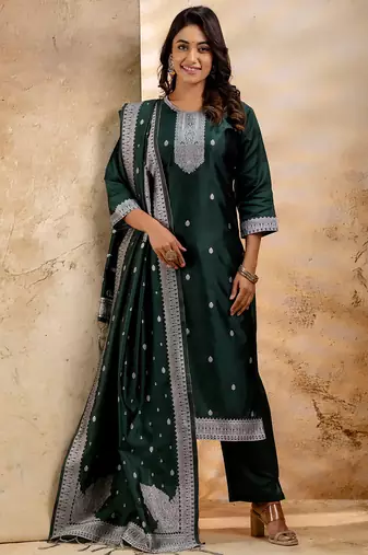 green fancy blended cotton kurta set