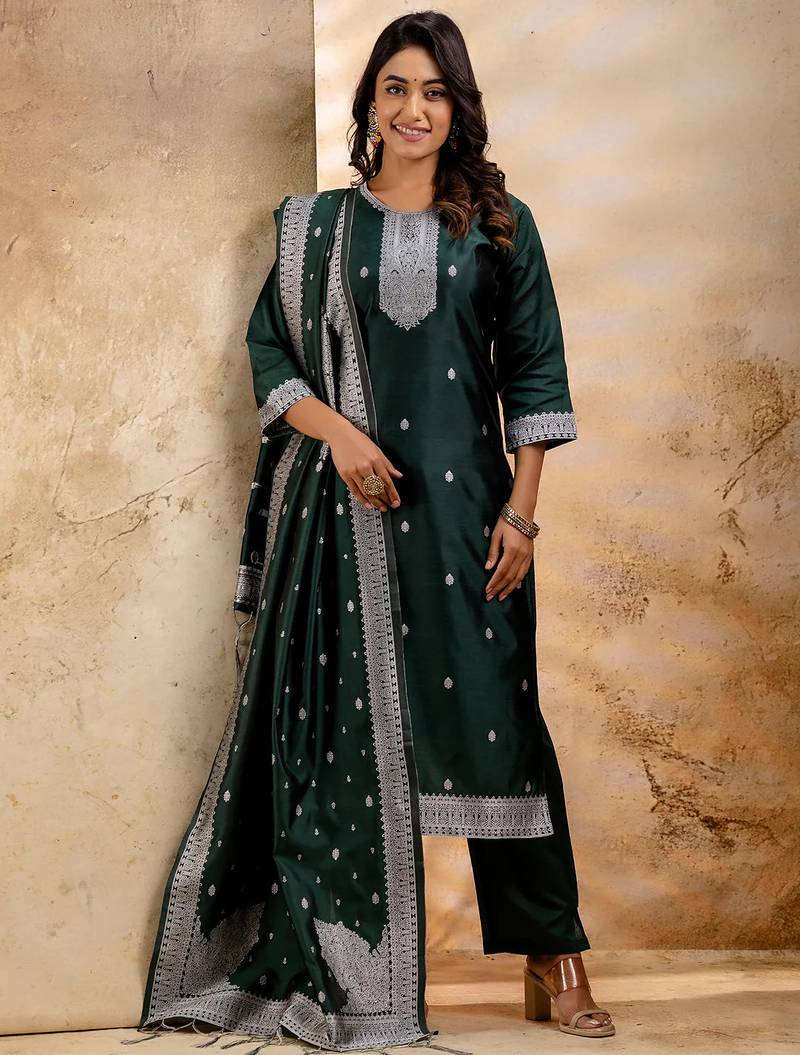 green fancy blended cotton kurta set