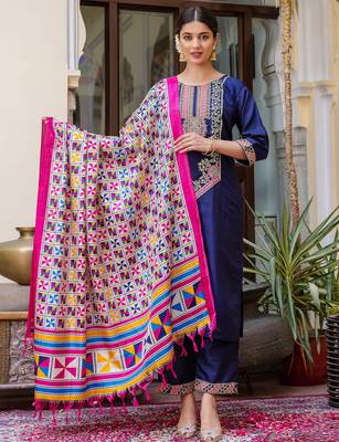 navy-blue fancy silk blend kurta set 2