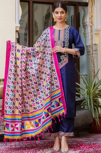 navy-blue fancy silk blend kurta set
