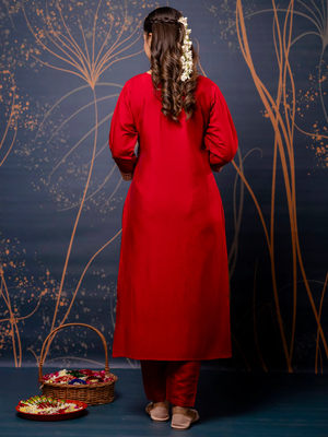 red fancy silk blend kurta set 4