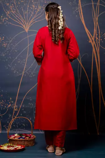 red fancy silk blend kurta set