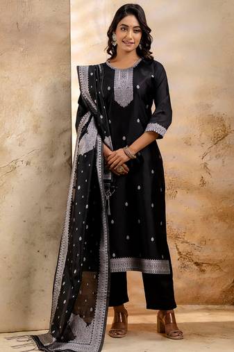black fancy blended cotton kurta set