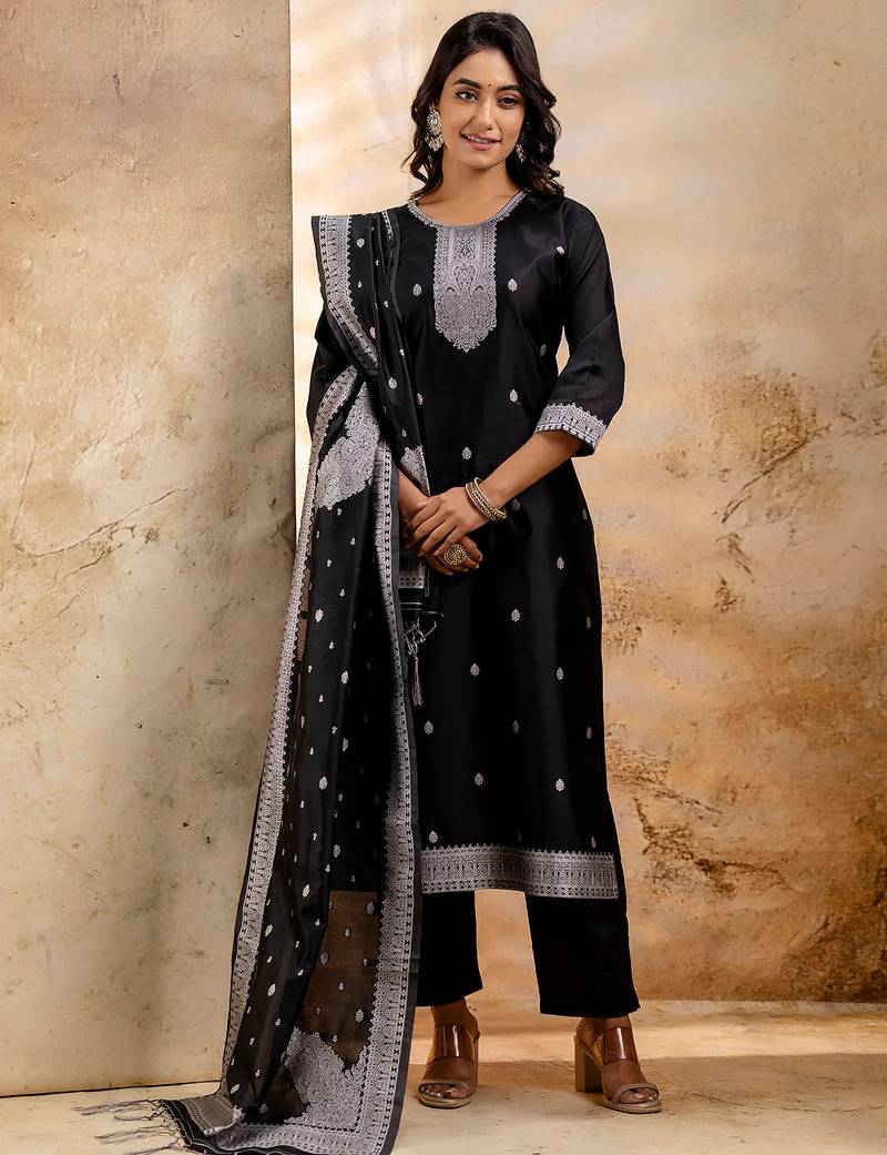 black fancy blended cotton kurta set