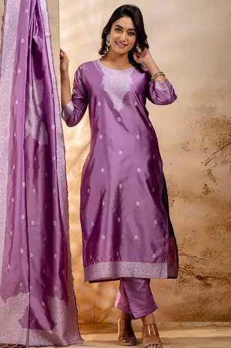 lavender fancy blended cotton kurta set