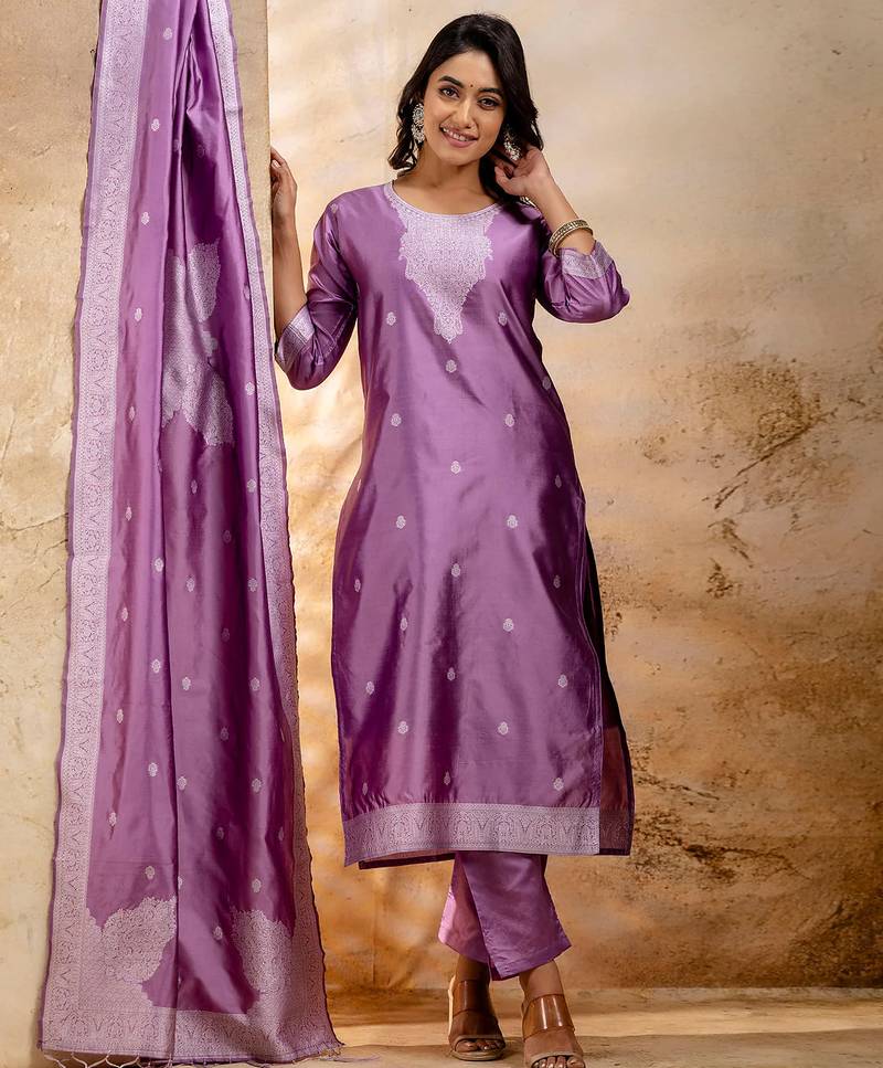 lavender fancy blended cotton kurta set