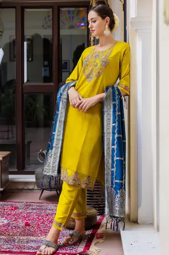 yellow fancy viscose rayon kurta set
