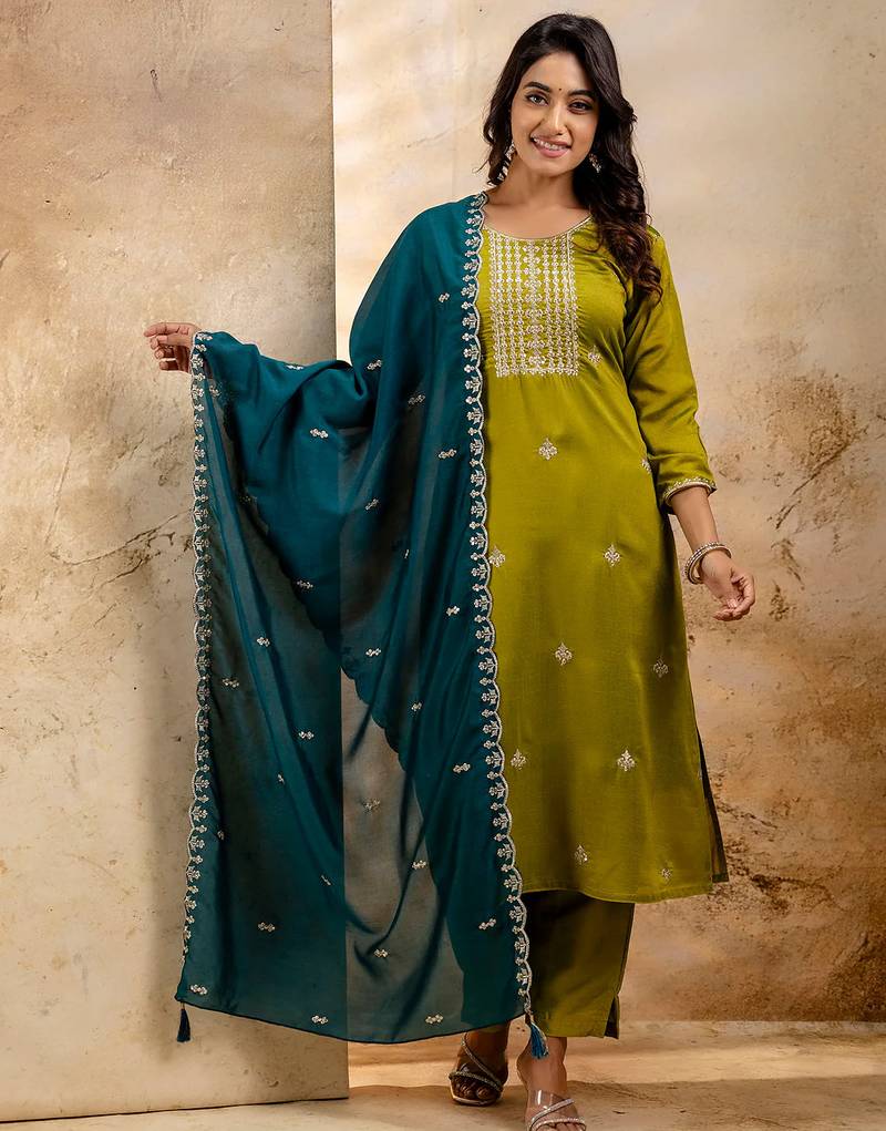 mehendi fancy silk blend kurta set