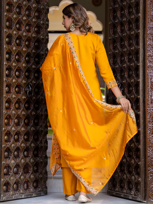 mustard fancy silk blend kurta set 4